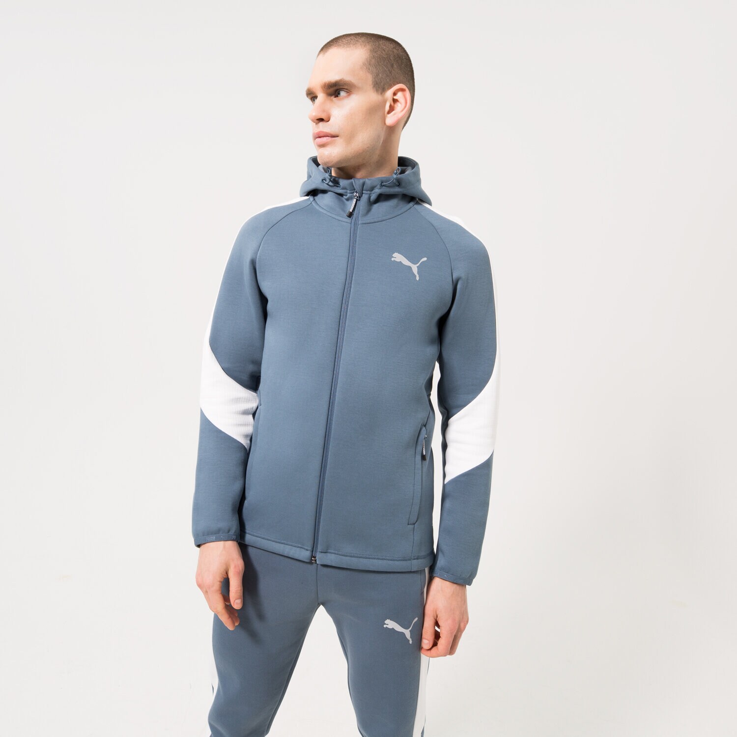 Bărbați bluză PUMA BLUZĂ CU GLUGĂ PUMA EVOSTRIPE FULL-ZIP HOODIE 849915-18 Albastru