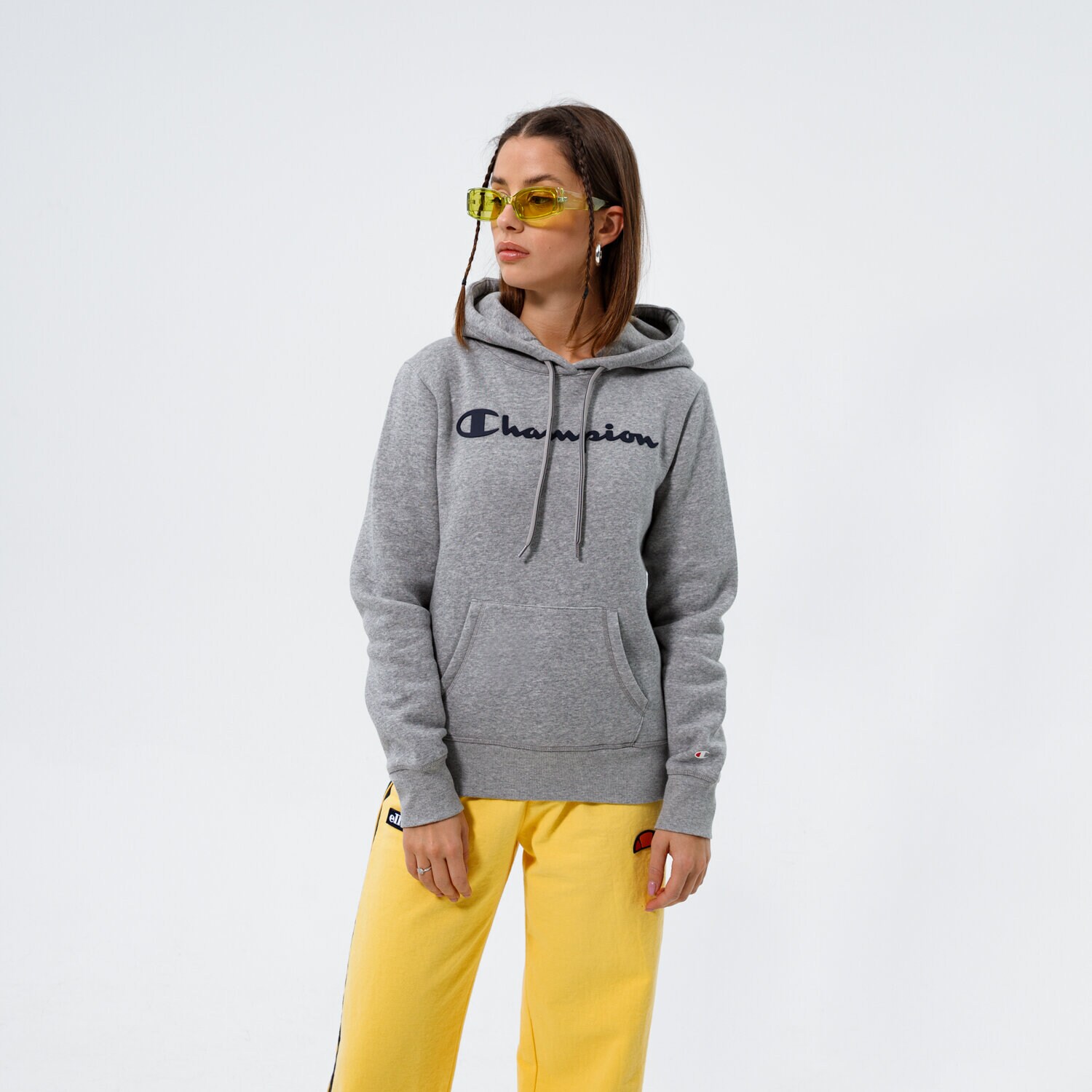 Femei bluză CHAMPION BLUZĂ CU GLUGĂ HOODED SWEATSHIRT 113207EM006 Gri