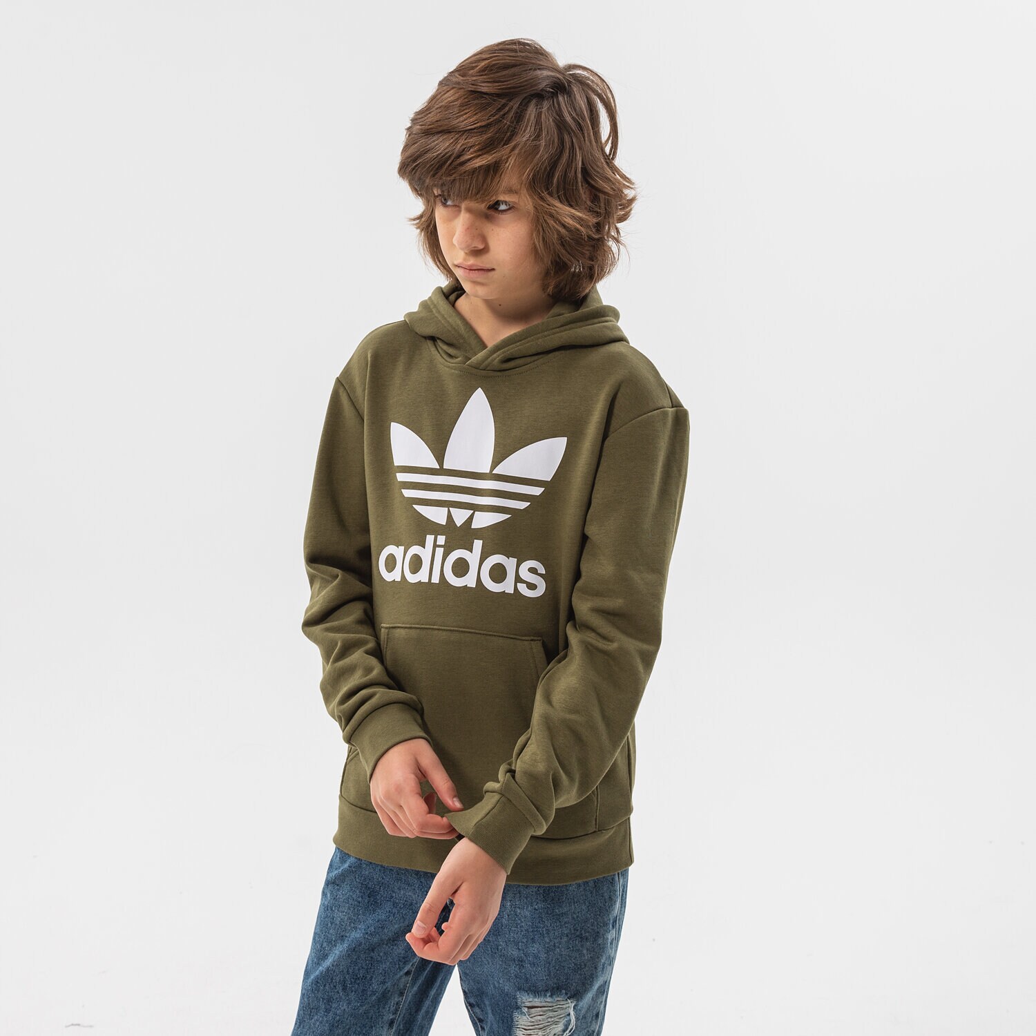 Copii bluză ADIDAS BLUZĂ CU GLUGĂ TREFOIL HOODIE BOY HD2006 Kaki