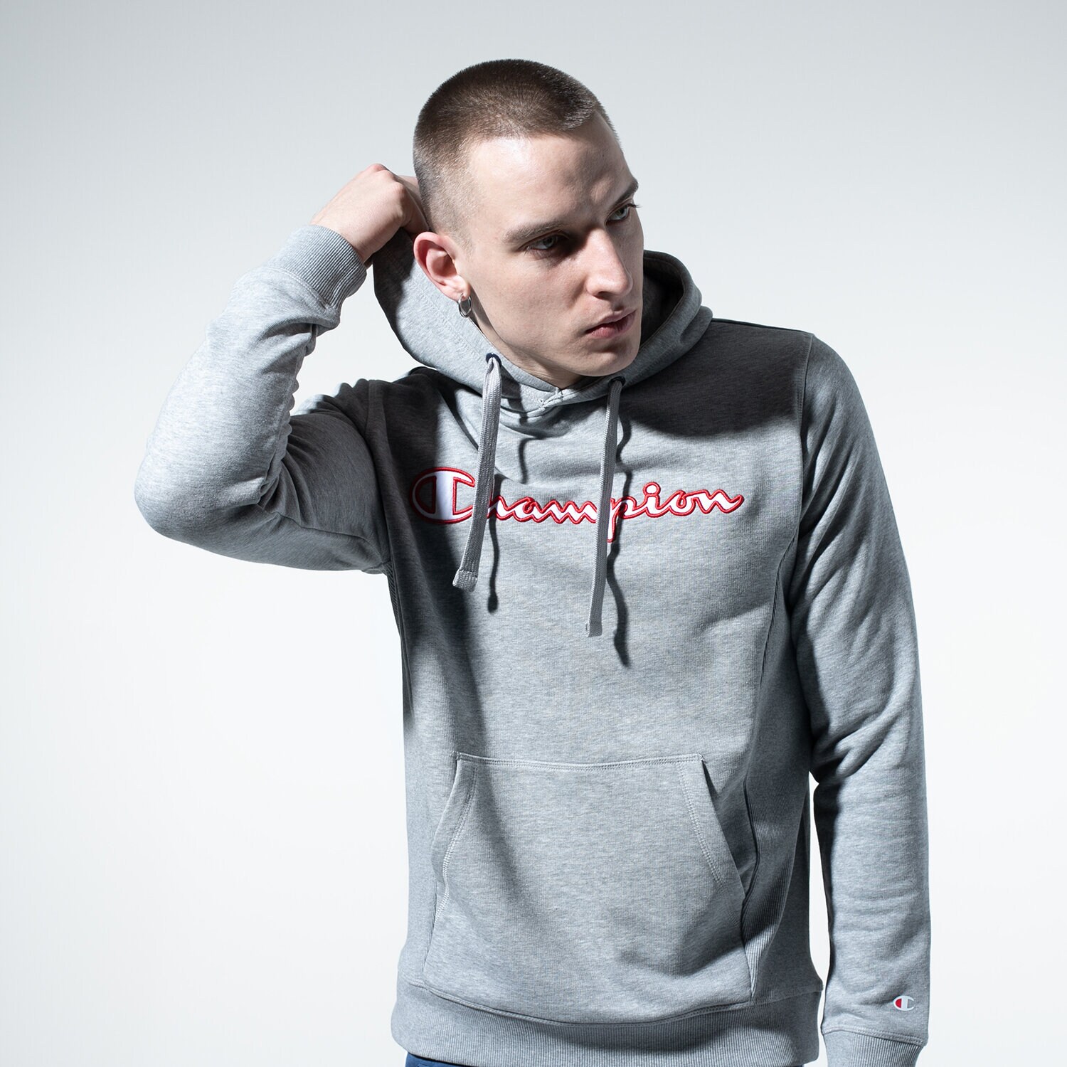 Bărbați bluză CHAMPION BLUZĂ CU GLUGĂ LOGO HOODY 215496EM006 Gri