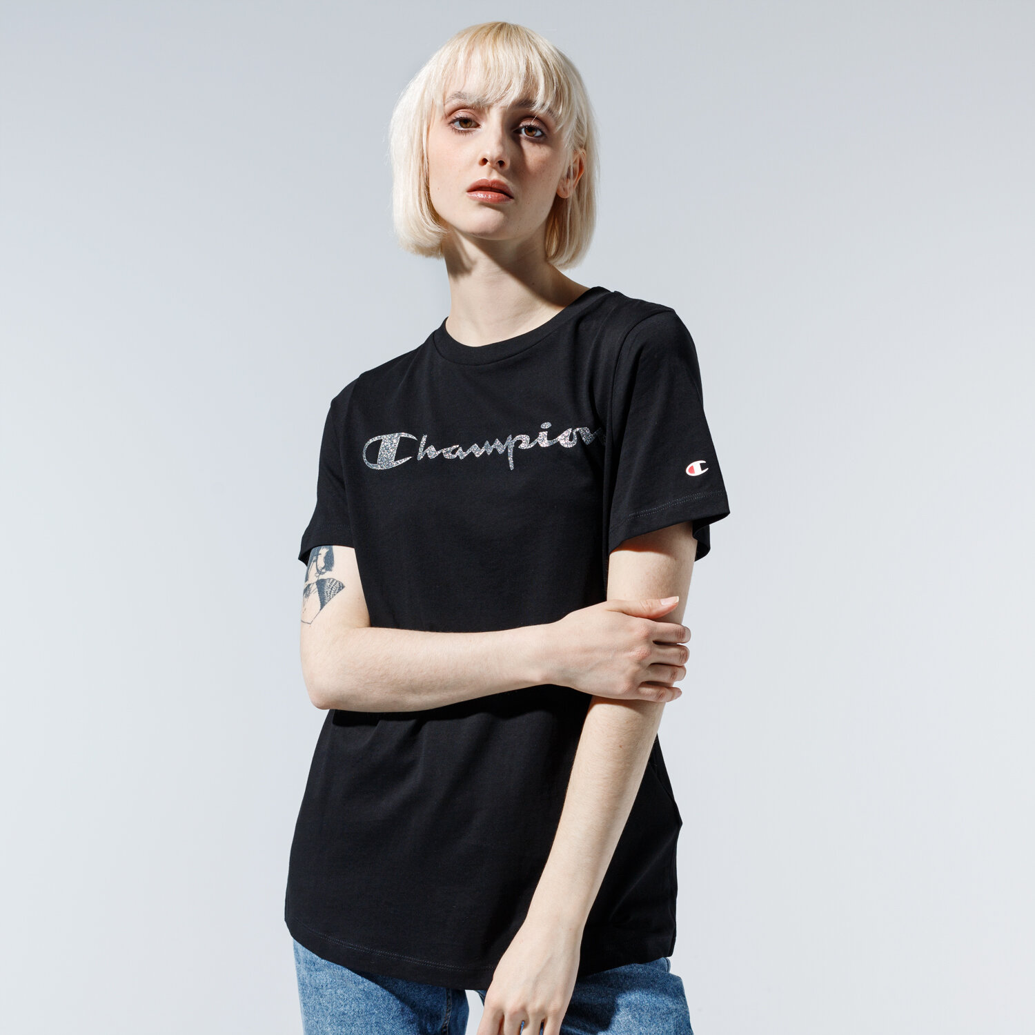 Femei tricou CHAMPION TRICOU LADY SHINE LOGO TEE 113863KK001 Negru