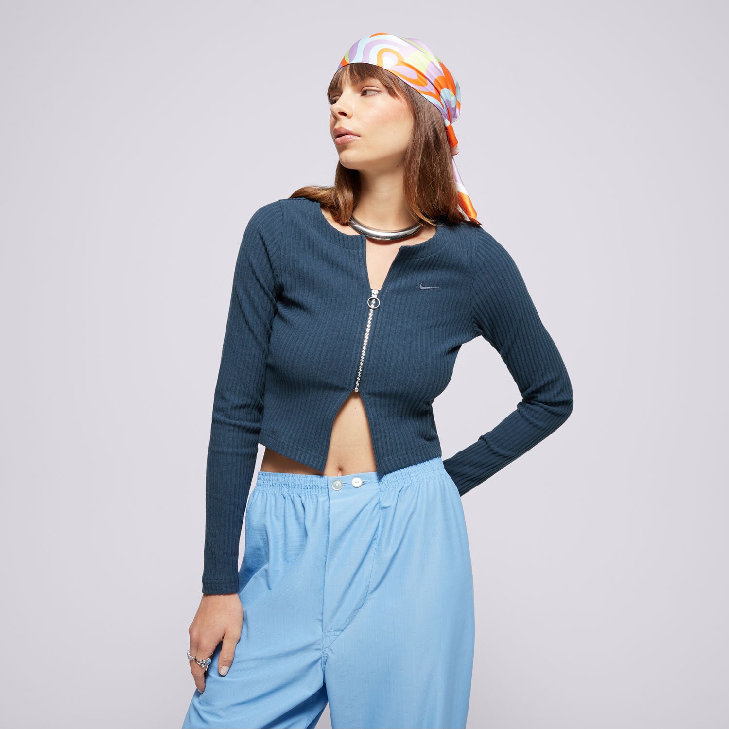 Femei tricou NIKE PULOVĂR W NSW NK CHLL KNT RIB FZ CRDGN FN3682-478 Bleumarin