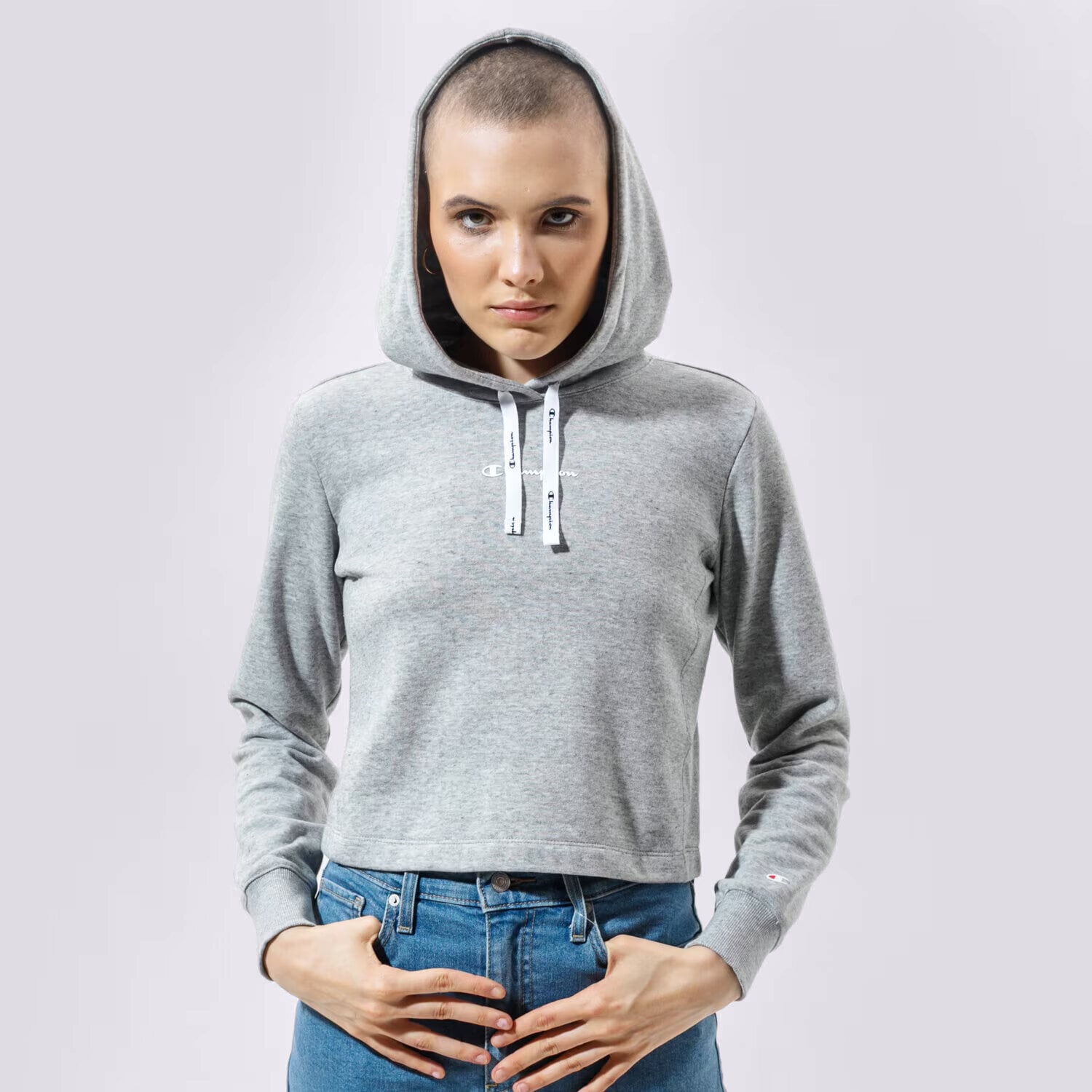 Femei bluză CHAMPION BLUZĂ CU GLUGĂ HOODED SWEATSHIRT 112586EM029 Gri